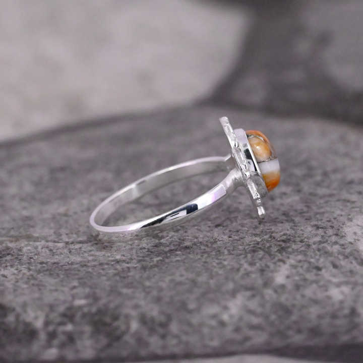 Superb Quality Solid 925 Sterling Silver Natural Orange Spiny Oyster Turquoise 10mm Round Shape Ring For Women Fine Jewelry