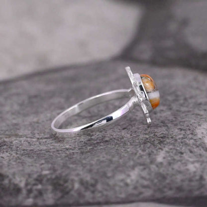 Superb Quality Solid 925 Sterling Silver Natural Orange Spiny Oyster Turquoise 10mm Round Shape Ring For Women Fine Jewelry