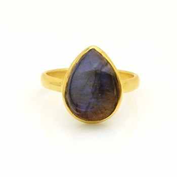 Top Selling 18K Gold Plated Birthstone Ring Her Fine Jewelry Featuring 10x14mm Natural Labradorite Pear Gemstone Bezel Setting