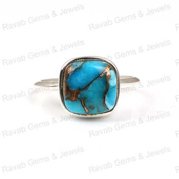 Best Quality 925 Sterling Silver Women's Ring Handmade Natural Blue Copper Turquoise Cushion Shape 12mm Solid Bezel Setting Fine
