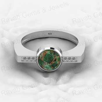 Top Quality Genuine 18K Gold Plated 7mm 925 Silver Emerald Copper Round Gemstone Cubic Zircon Bezel CZ Ring for Women Jewelry