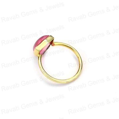 Latest Design 12x14mm Natural Pink Strawberry Quartz Gemstone Bezel Handmade 18K Gold Plated Silver Dainty Fancy Ring for Her