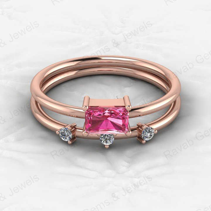 Top Selling Genuine 925 Silver 6X4mm Baguette Cut Pink Cubic Zirconia Women Eternity Gold Vermeil Ring for Fine Custom Jewelry