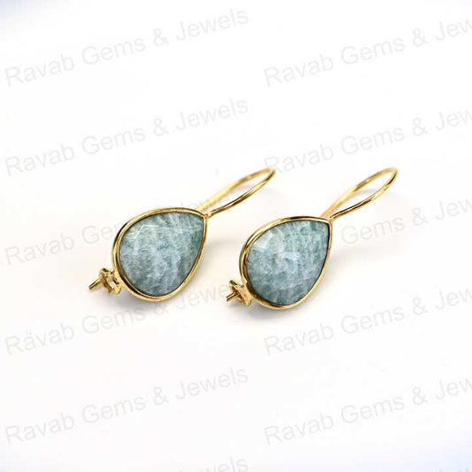 Best Quality Solid 925 Sterling Silver Natural Amazonite 8x12mm Pear Smooth 18k Gold Plated Dangle Drop Fine Earring for Women