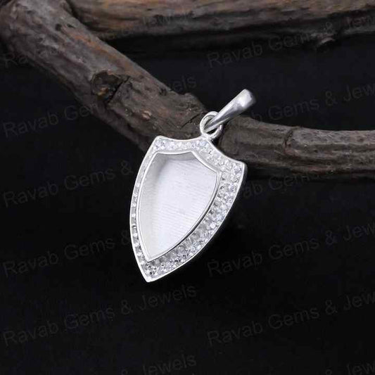 High Quality 925 Silver 12x9mm Shield Surrounded With Zircon Blank Bezel Charm Pendant Setting Resin Ashes Keepsake Jewelry