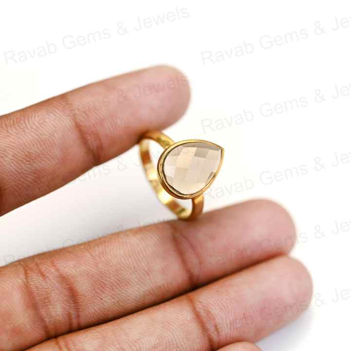 Top Quality Solid 925 Sterling Silver Natural Smoky Quartz Pear Checker Cut 10x14mm Bezel Setting 18k Gold Filled Ring for Women