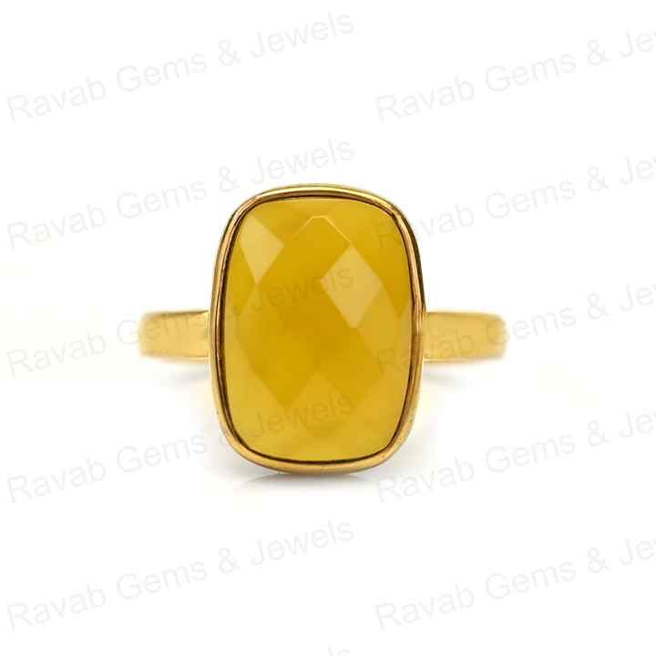 Best Selling Handmade 925 Silver Bezel Vermeil Eternity 12x16mm Yellow Chalcedony Rectangle Cushion Faceted Ring Fine Jewelry