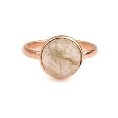 Beautiful Bohemian Ring for Women 10mm Golden Rutilated Quartz Stone Bezel 925 Silver Rose Gold Plated Handmade Fine Rings