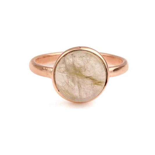 Beautiful Bohemian Ring for Women 10mm Golden Rutilated Quartz Stone Bezel 925 Silver Rose Gold Plated Handmade Fine Rings