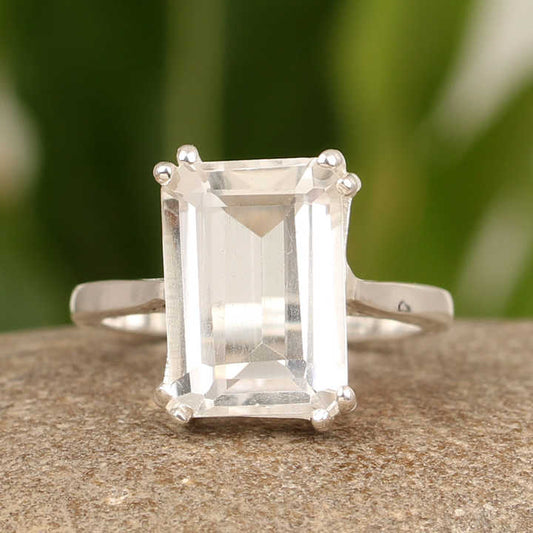 Best Selling Genuine White Clear Crystal Quartz 10x14mm Baguette Shape Solid 925 Sterling Silver Double Prong Set Women Ring