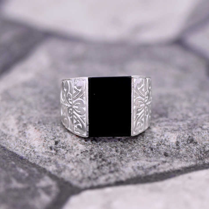 Best Selling 925 Silver 11x16mm Black Onyx Designer Embroidered Turkish Stylish Ottoman Signet Ring for Men Customized Jewelry