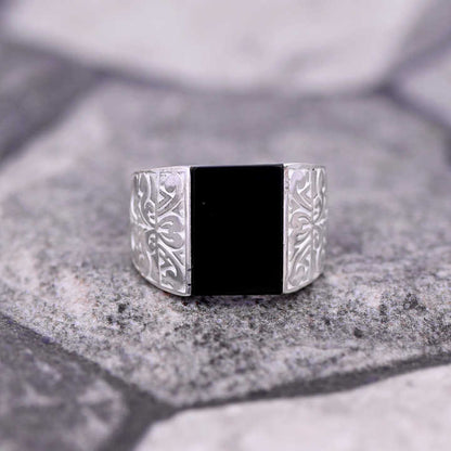 Best Selling 925 Silver 11x16mm Black Onyx Designer Embroidered Turkish Stylish Ottoman Signet Ring for Men Customized Jewelry