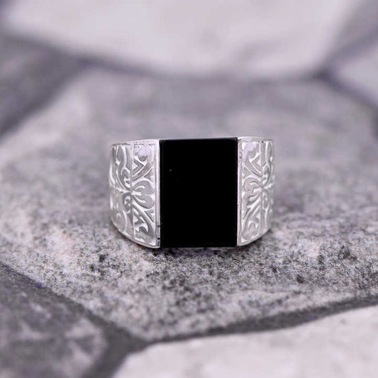 Best Selling 925 Silver 11x16mm Black Onyx Designer Embroidered Turkish Stylish Ottoman Signet Ring for Men Customized Jewelry
