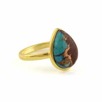 Top Selling 18K Gold Plated Silver Dainty Pear Shape Fine Ring 12x16mm Natural Lava Turquoise Copper Gemstone Bezel
