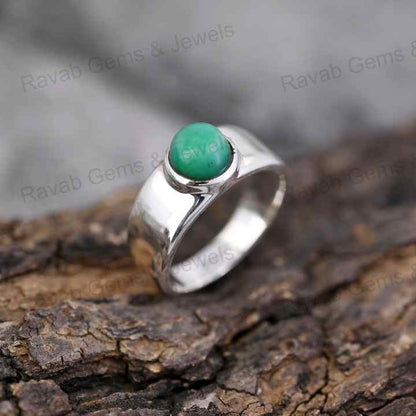 Handmade 7mm Natural Australian Chrysoprase Crystal Round Cut Cabochon 925 Silver Bezel Chunky Band Ring Fine Jewelry For Women