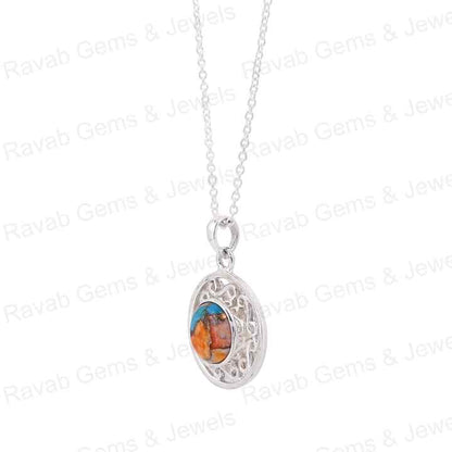 Handmade 10mm Spiny Oyster Copper Turquoise Gemstone Rhodium 925 Silver Designer Boho Women Pendant Necklace Fine Navajo Jewelry