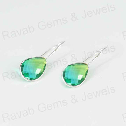 Best Quality Solid 925 Sterling Silver Watermelon Tourmaline Quartz Pear Checker Cut Dangle Drop Earring for Women Fine Jewelry