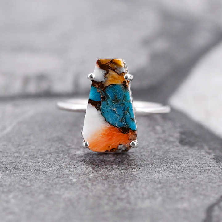 Top Selling 10x17mm Mohave Mix Oyster Copper Turquoise Stone 925 Silver Handmade Coffin Shape Bezel Ring Fine Jewelry For Women
