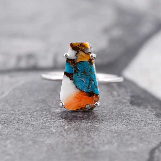 Top Selling 10x17mm Mohave Mix Oyster Copper Turquoise Stone 925 Silver Handmade Coffin Shape Bezel Ring Fine Jewelry For Women