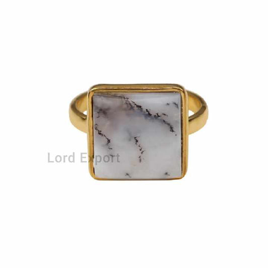 Handmade 12mm Square Bezel Setting Solid 925 Sterling Silver 18K Gold Plated Natural Dendrite Opal Fine Ring for Women