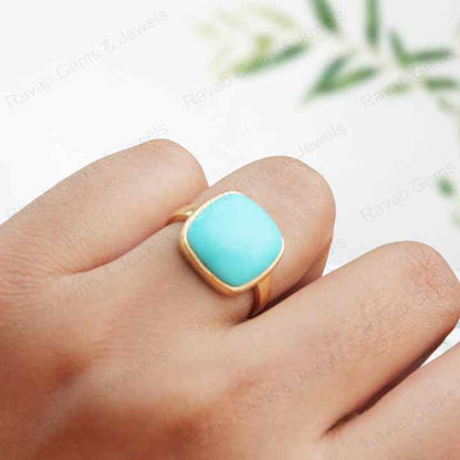 Top Quality Genuine 925 Silver Gold Vermeil Eternity 12mm Arizona Turquoise Gemstone Cushion Dainty Ring Fine Jewelry for Women