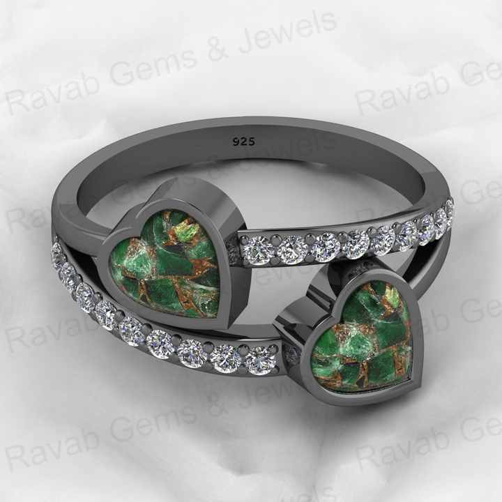 Best Selling Genuine 925 Silver Mohave Peridot Copper Gemstone With CZ Bezel Double Band Couple Heart Ring for Valentine Jewelry
