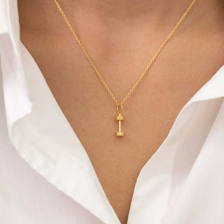 Valentine Sale Solid 925 Sterling Silver 14k Gold Plated Dumbbell Necklace Vermeil Eternity Pendant for Gym Lover Fine Jewelry