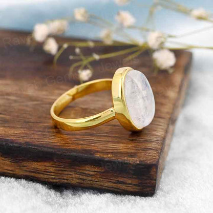 Handmade 10x14mm Oval Cut Natural Rainbow Moonstone Healing Crystal Vermeil 925 Silver Eternity Band Ring Fine Jewelry For Women
