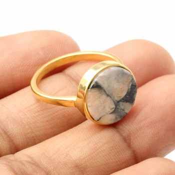 12mm Natural White Calcite Copper Gemstone Bezel Jewelry Top Quality 18k Gold Plated Silver Dainty Round Coin Shape Ring for Her