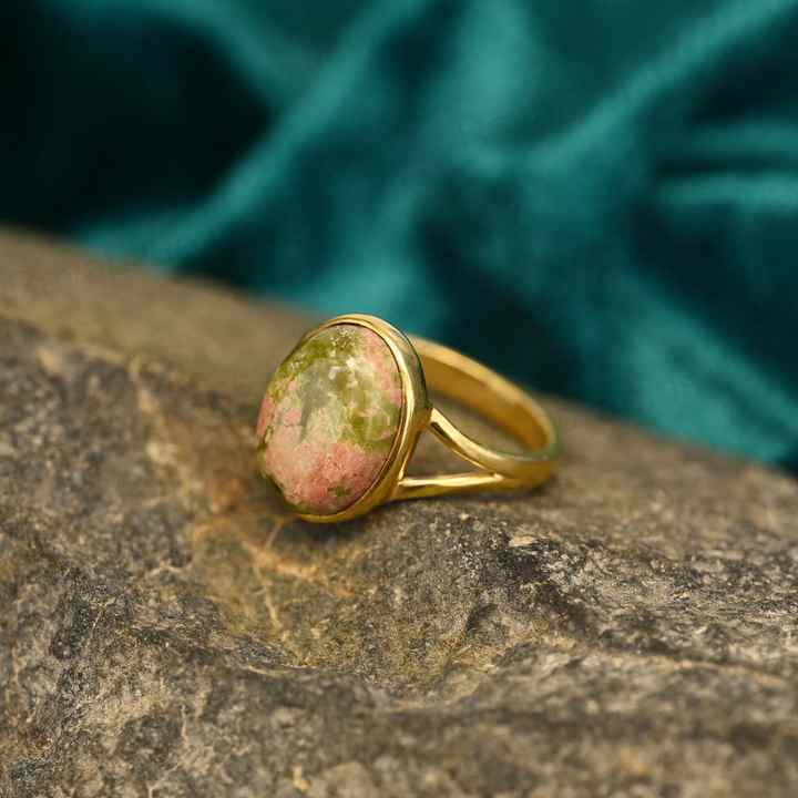 New Arrival 10x14mm Oval Shaped 925 Silver Women's Fine Ring Natural Unakite Gold Vermeil Eternity Split Band with Bezel Setting