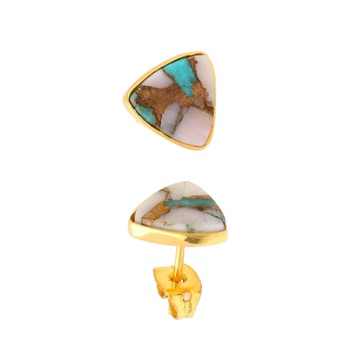 Handmade Copper Turquoise & Natural Pink Opal Trillion Cut Sterling Silver Gemstone Fine Stud Earrings Gold Plated Fine Jewelry