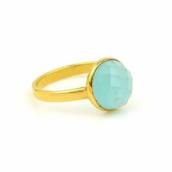 Genuine 18K Gold Plated Fine Jewelry Dainty Minimalist Aqua Chalcedony Bezel Setting Ring for Women Beautiful for Parties