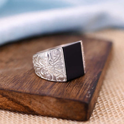 Best Selling 925 Silver 11x16mm Black Onyx Designer Embroidered Turkish Stylish Ottoman Signet Ring for Men Customized Jewelry