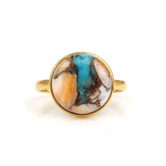 Top Selling Solid 925 Silver 12mm Round Mohave Spiny Oyster Copper Turquoise Gemstone Handmade Boho Ring Fine Jewelry for Women