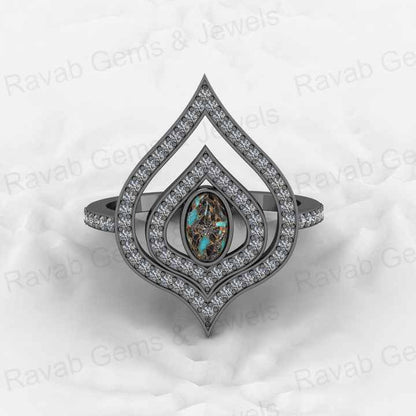 Top Selling Genuine 925 Sterling Silver Blue & Black Copper Turquoise oval 6x8mm Gemstone Bezel Setting CZ Crown Ring For Custom Jewelry