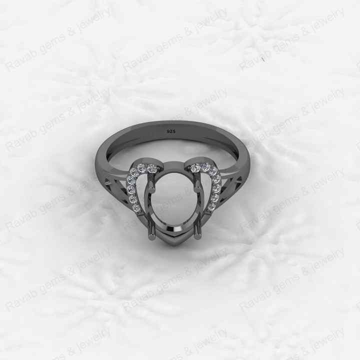 Solid 925 Sterling Silver Oval 8x10mm Semi Mount Blank Setting Heart Ring for Gemstone Ashes & Resin Findings & Wedding Jewelry