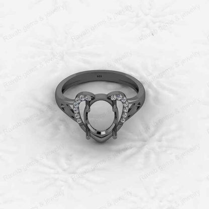 Solid 925 Sterling Silver Oval 8x10mm Semi Mount Blank Setting Heart Ring for Gemstone Ashes & Resin Findings & Wedding Jewelry