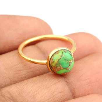 Top Selling 18K Gold Vermeil New Design Dainty Ring for Women With 10mm Mohave Green Copper Turquoise Gemstone Bezel Fine Rings