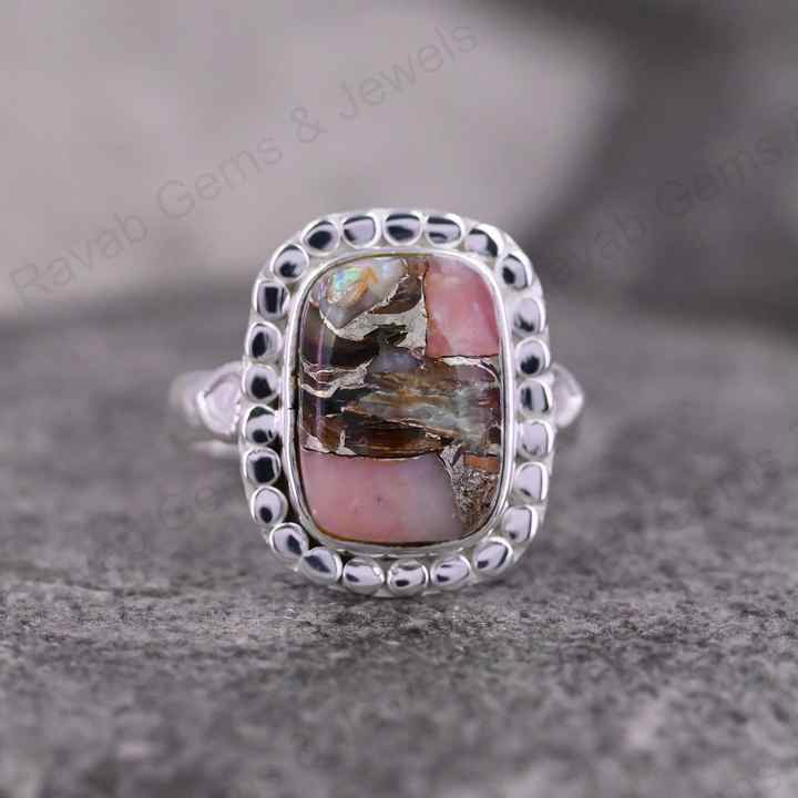 Hot Selling Designer Beaded Cushion Bezel Ring 12x16mm Mohave Pink Copper Opal Solid 925 Sterling Silver Handmade Fine Jewelry