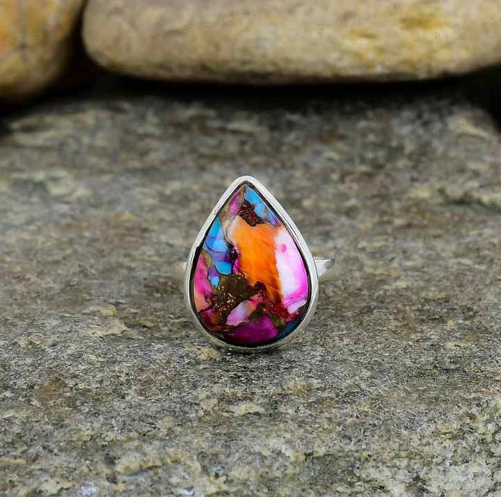 Natural Kingman Pink Dahlia Oyster Turquoise Solid 925 Sterling Silver Pear 9x12mm Bezel Setting Vintage Handmade Ring Women