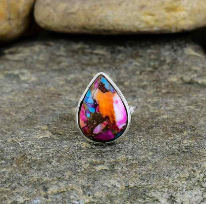 Natural Kingman Pink Dahlia Oyster Turquoise Solid 925 Sterling Silver Pear 9x12mm Bezel Setting Vintage Handmade Ring Women