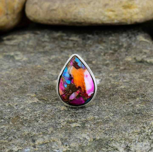 Natural Kingman Pink Dahlia Oyster Turquoise Solid 925 Sterling Silver Pear 9x12mm Bezel Setting Vintage Handmade Ring Women