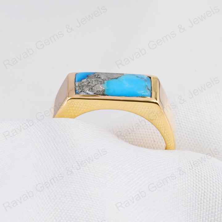 Best Selling 7x14mm Natural Pyrite Turquoise Gemstone Handmade 925 Silver Rectangle Vermeil Eternity Ring Fine Jewelry For Men's