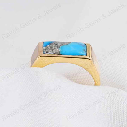 Best Selling 7x14mm Natural Pyrite Turquoise Gemstone Handmade 925 Silver Rectangle Vermeil Eternity Ring Fine Jewelry For Men's