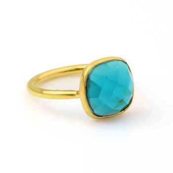 Best Quality 925 Sterling Silver 18k Gold Plated Green Teal Sapphire Hydro Cushion Checker 12mm Ring for Women Handmade Jewelry