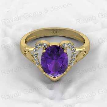 Hot Selling 8x10mm Oval Amethyst Solid 925 Sterling Silver Heart-Shaped Prong Ring for Women Fine Anniversary Ring