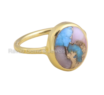 2024 Best Selling 18K Gold Plated Sterling Silver Dainty Oval Ring Women 10x14mm Pink Opal Copper Turquoise Bezel Partie