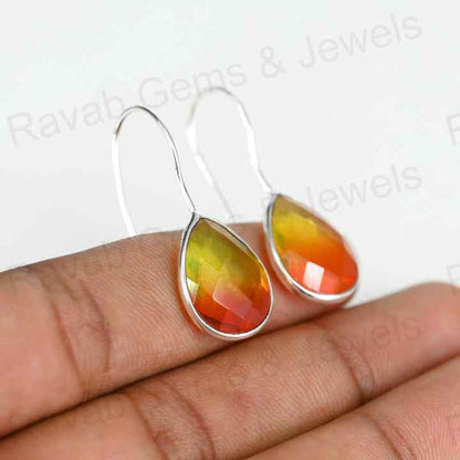 Best Quality Solid 925 Sterling Silver Watermelon Tourmaline Quartz Pear Checker Cut Dangle Drop Earring for Women Fine Jewelry