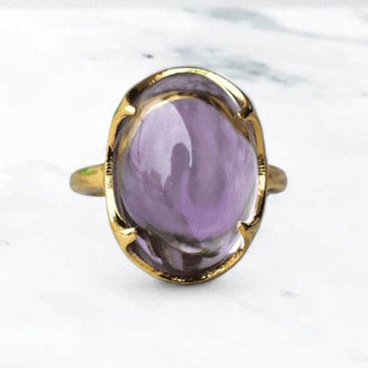 New Arrival Solid 925 Sterling Silver Natural Amethyst Cabochon 10x14mm Prong Setting 18k Gold Plated Ring for Women Jewelry