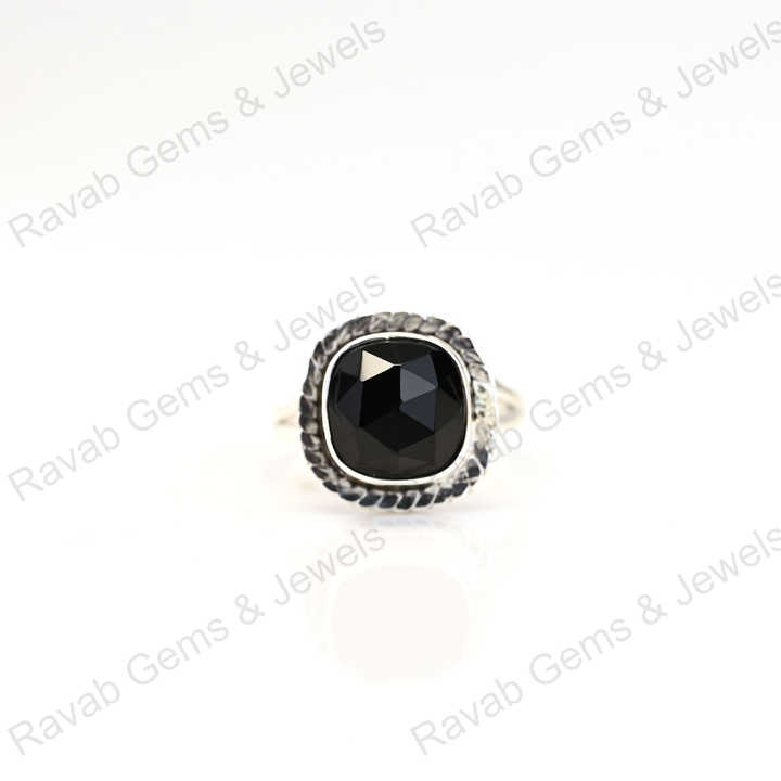Best Selling Solid 925 Sterling Silver Natural Black Onyx Rose Cut Cushion Shape Bezel Setting Ring for Women Handmade Jewelry